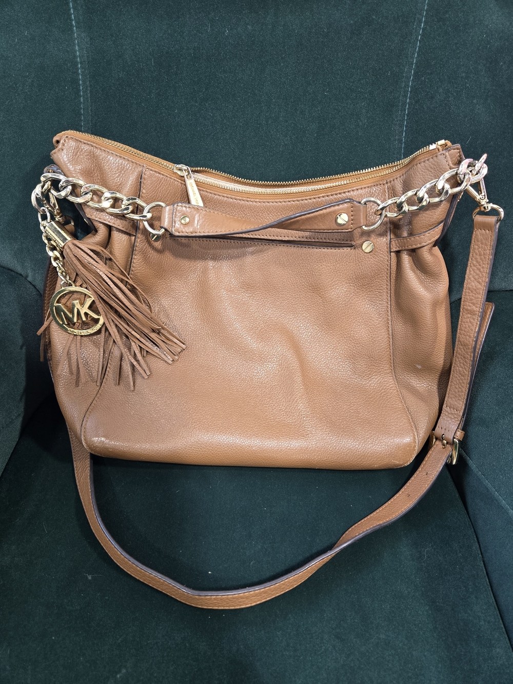 Michael Kors Brown Leather Shoulder Bag with Tassel Charm